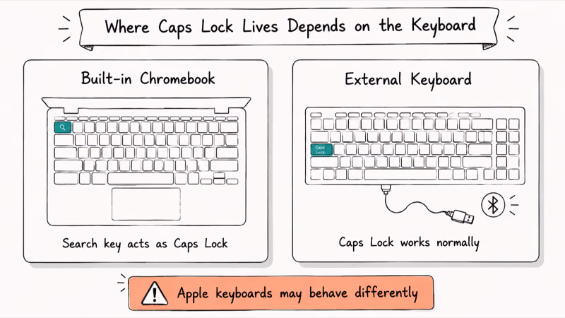 Comparison of built-in Chromebook keyboard versus an external USB keyboard showing where Caps Lock lives.