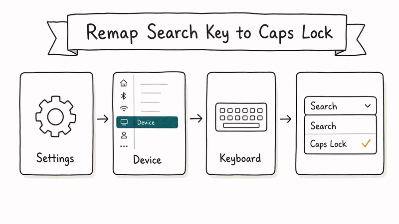 Four-step illustration of remapping the Chromebook Search key to Caps Lock in the Device Keyboard settings.