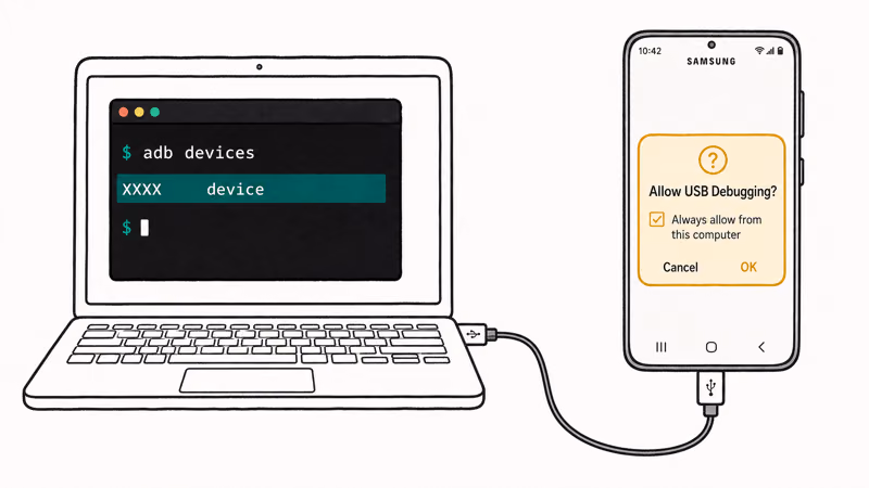 Hand-drawn laptop terminal with adb devices output and Samsung phone Allow USB Debugging always-allow prompt.