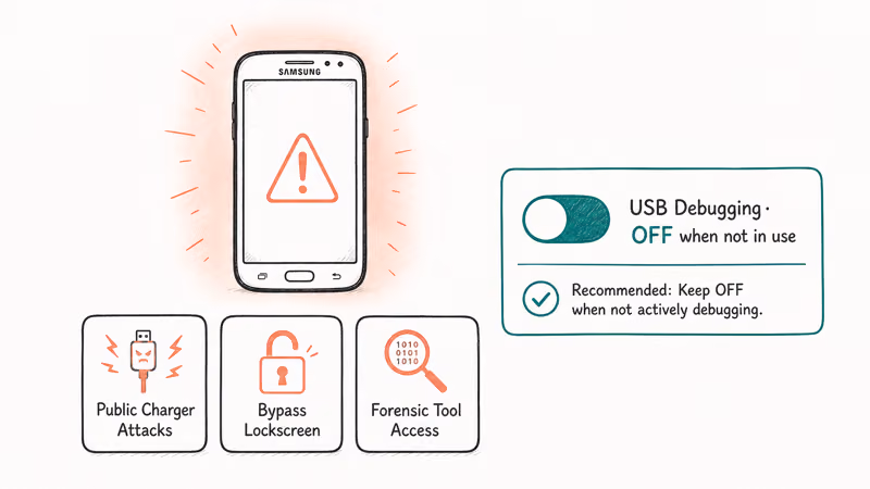 Hand-drawn Samsung phone with coral warning aura listing three USB debugging risks and recommended toggle off.