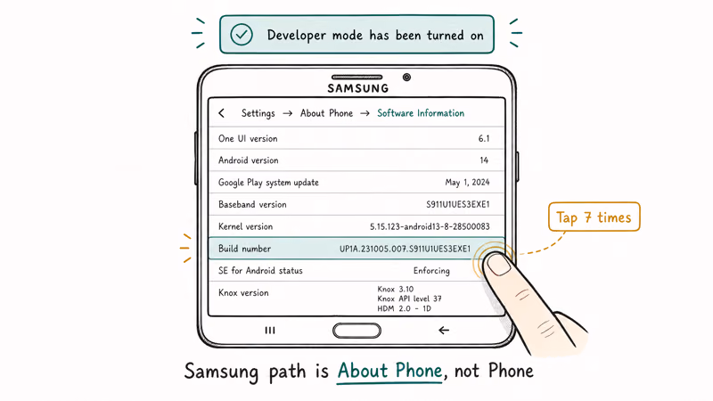 Hand-drawn Samsung Software Information screen with Build Number tapped 7 times and developer mode toast turned on.