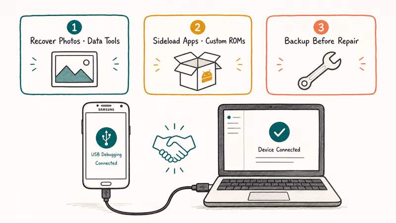 Three hand-drawn cards showing USB debugging use cases data recovery, sideload, and backup with central Samsung-to-laptop icon.