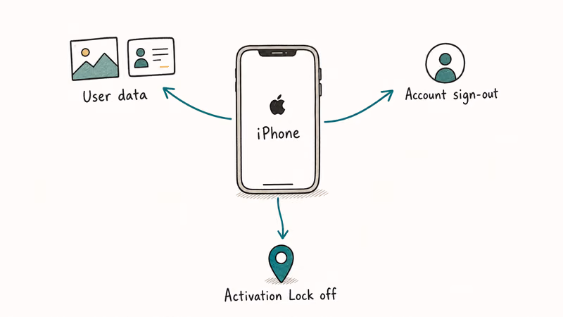 Hand-drawn iPhone with three outflow arrows showing user data account sign out and Activation Lock being removed during