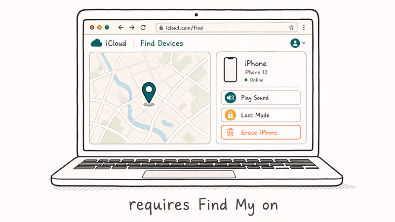 Hand-drawn laptop showing iCloud Find Devices page with map pin on lost iPhone and a red Erase iPhone