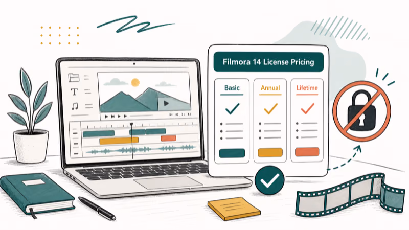 Hand-drawn illustration: Filmora 14 License Pricing