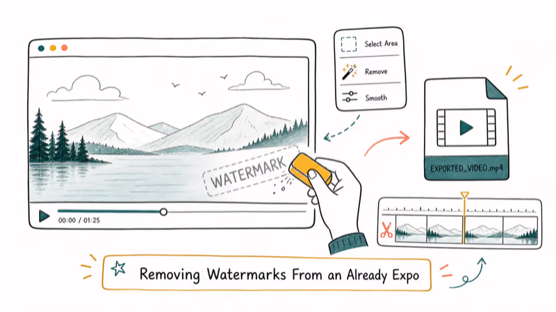 Hand-drawn illustration: Removing Watermarks From an Already Exported Video