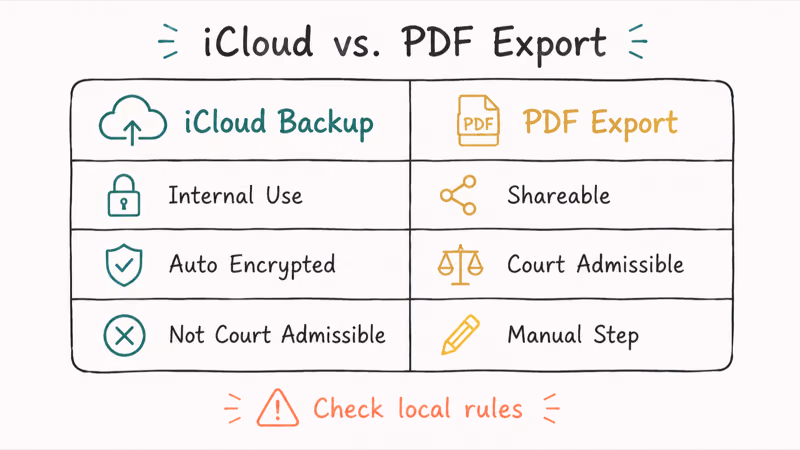 Two-column table contrasting iCloud automatic backup against manual PDF export for legal record use
