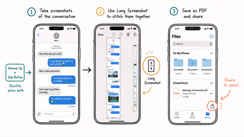 iPhone three-panel flow capturing screenshots stitching them and saving the long PDF to Files for export