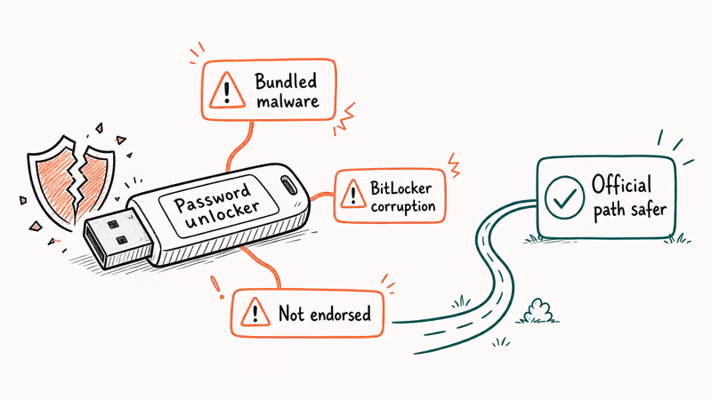 USB password unlocker stick with three coral warning tags about malware BitLocker corruption and unofficial status