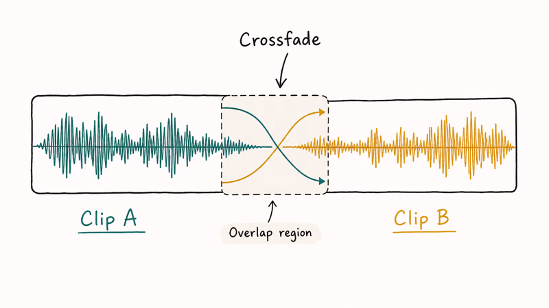 Two audio clips overlapping on iMovie timeline with crossfade curves descending and ascending through overlap region