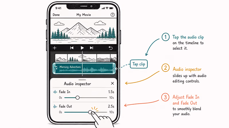 iMovie on iPhone audio inspector showing Fade In and Fade Out sliders with finger tap on Fade Out
