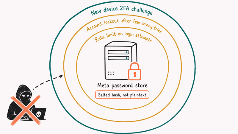 Meta password server with salted hash protected by rate limit lockout and 2FA defense rings