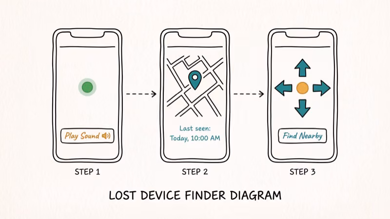 Three phone screens showing Find My steps with green dot and Find Nearby arrows