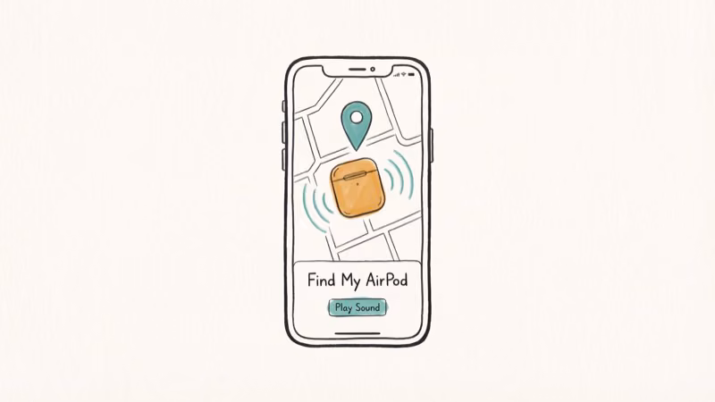 Find My app interface showing AirPod case location on map with Bluetooth signal