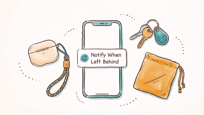 AirPod case with lanyard attached next to phone showing left behind alert notification