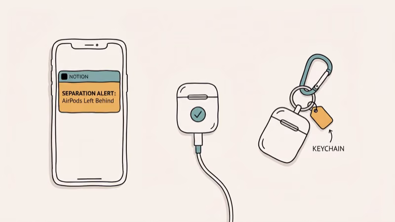 Phone showing separation alert with AirPod case on keychain and charging cable