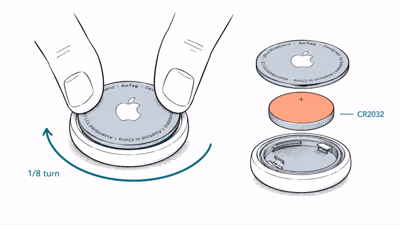 Two fingers twisting open an AirTag counterclockwise to remove the CR2032 coin-cell battery.