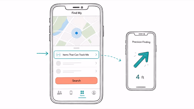 iPhone Find My app open to Items That Can Track Me with Precision Finding distance arrow.