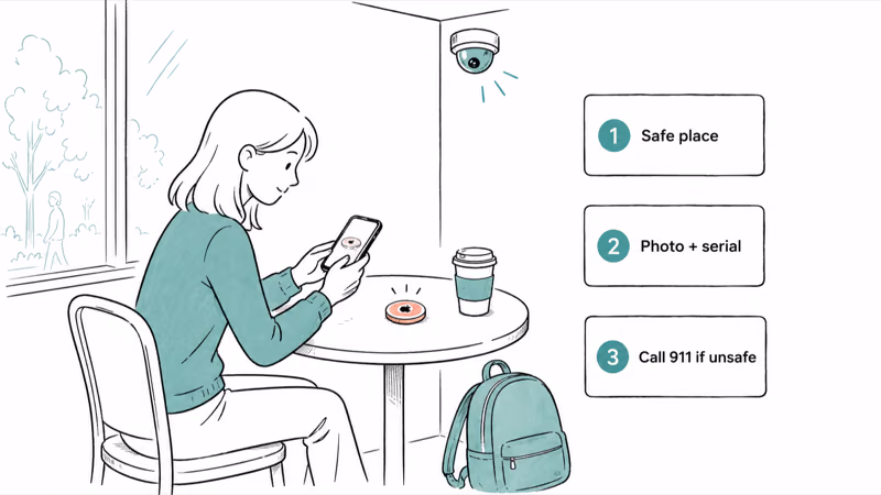 Person at a cafe table photographing an AirTag with three numbered safety steps shown.