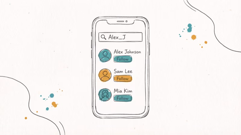 Spotify search bar with username typed showing friend profiles with Follow buttons