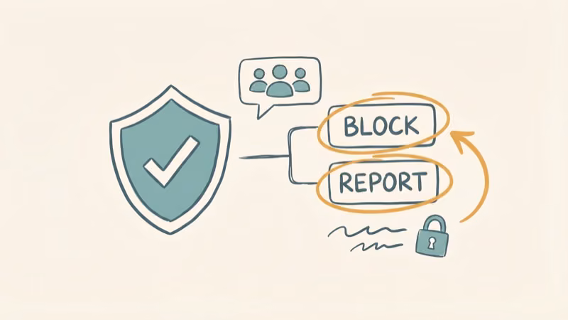 Shield icon with checkmark next to group chat with block and report buttons highlighted