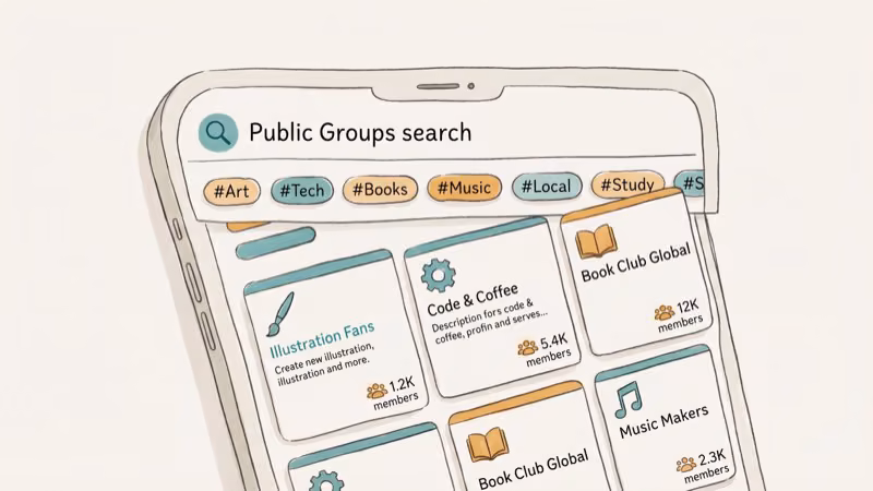 Phone showing messaging app Public Groups search with hashtag list and group cards