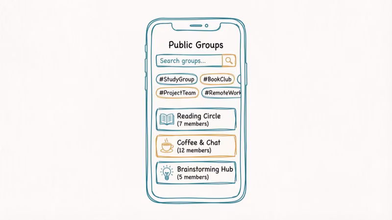 Phone screen showing Public Groups search interface with hashtag categories and listings