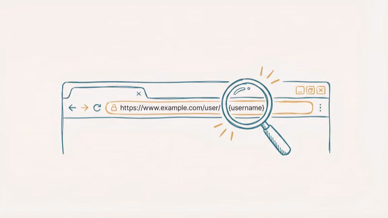 Browser address bar showing URL pattern with username field and magnifying glass