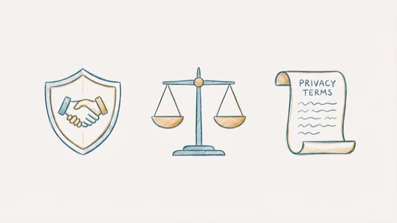 Privacy shield with consent handshake icon and scale of justice with privacy terms