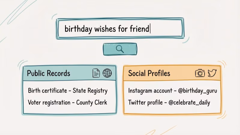 Google search bar with birthday query showing public records and social profile results