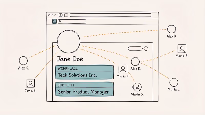 LinkedIn profile page with workplace and job title fields highlighted and network connections