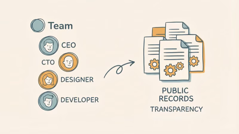 Company team page with employee photos next to public records documents