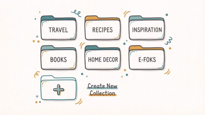 Instagram saved collections shown as labeled folders with plus icon to create new collection