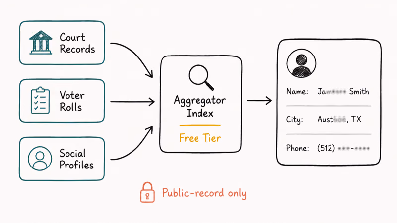 Hand-drawn flow showing public sources feeding aggregator indexes into a partially blurred profile card