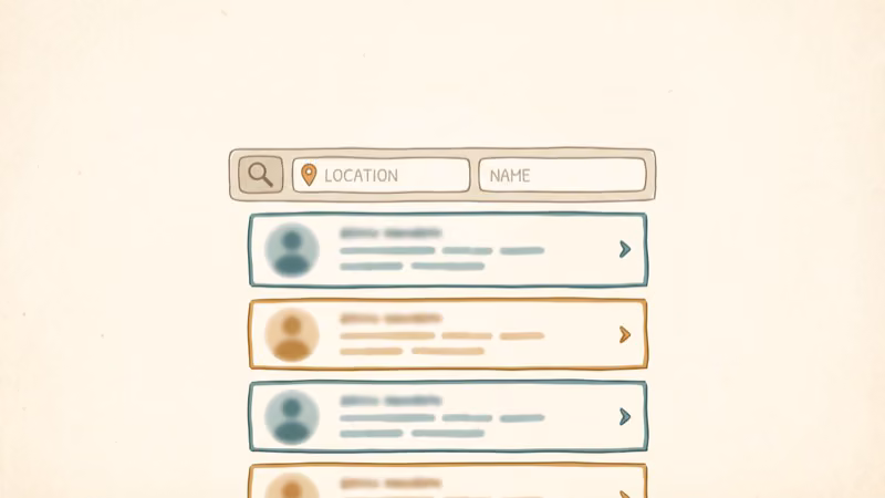 Search engine with location pin and name fields showing creator profile results