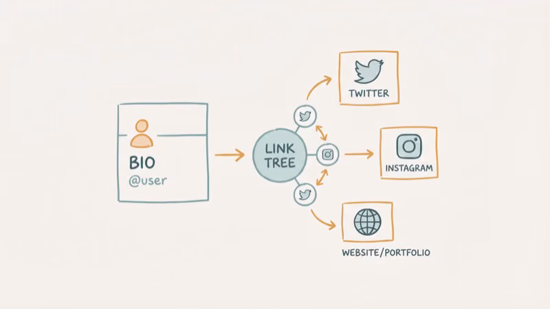 Social media bios showing link tree icons and external profile links connecting platforms
