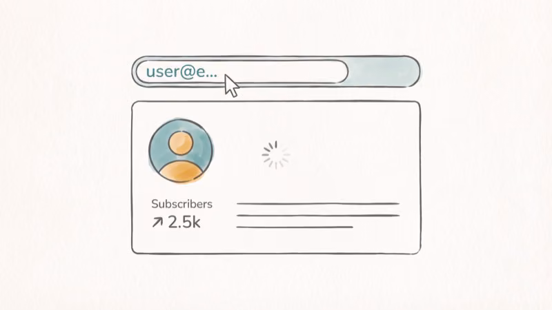 Browser URL bar with username being typed and profile page loading with subscriber count