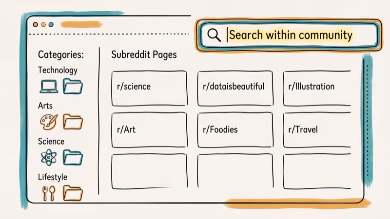 Subreddit community pages organized by topic with search within community feature