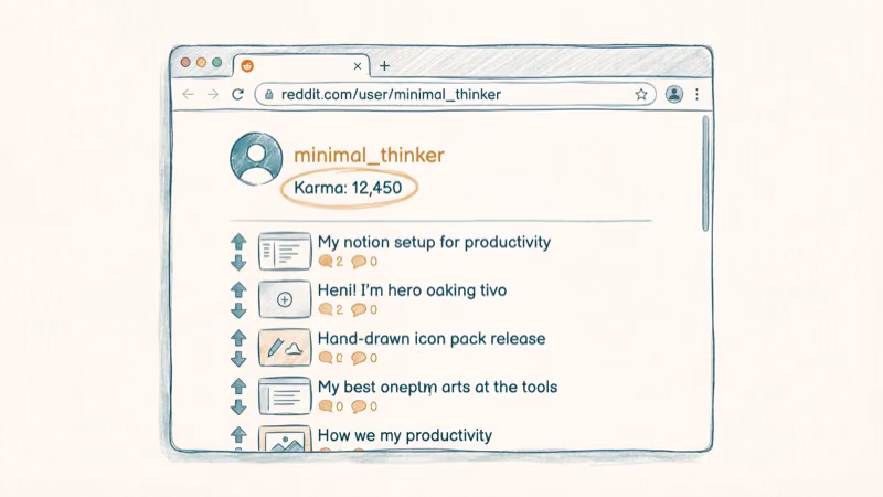 Browser showing Reddit user profile page with username in URL bar and post history