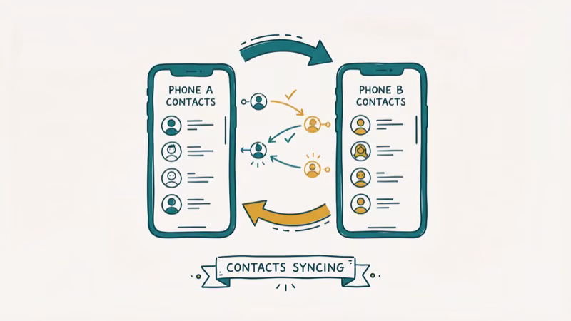 Two phones syncing address book contacts to find Telegram users automatically