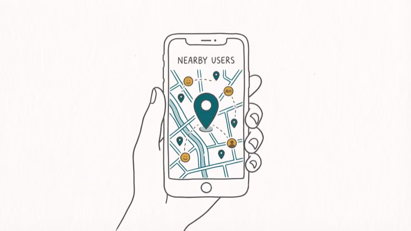Phone map display with location pins showing nearby Telegram users and groups