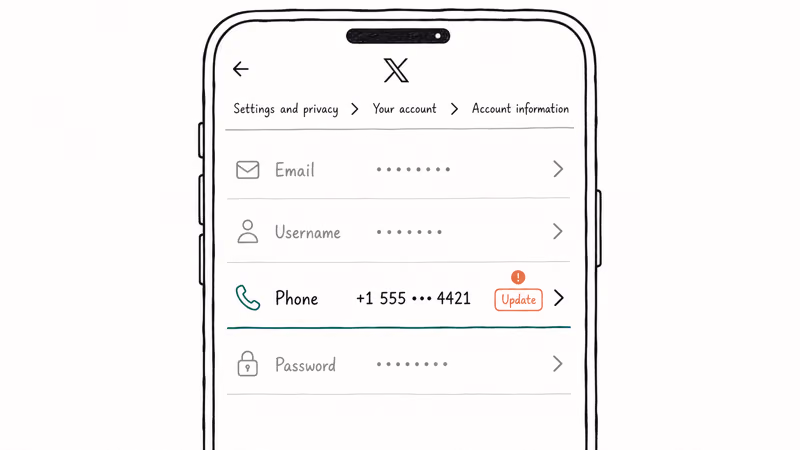 X account information screen showing linked phone number with Update warning badge beside it.