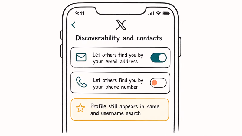 Phone screen showing X discoverability toggles for email on and phone number off with caption note.