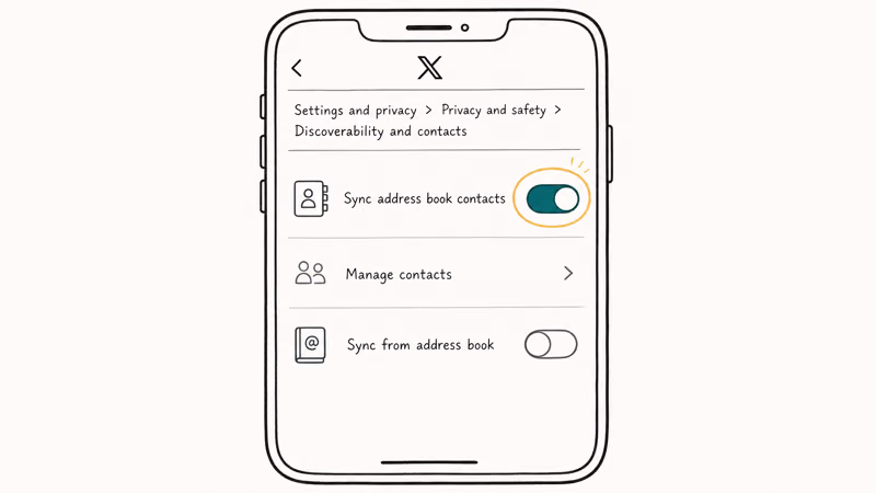 Phone screen showing X app Discoverability and contacts page with Sync address book contacts toggle on.