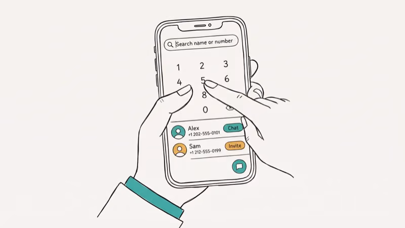 Hand typing phone number into WhatsApp contact search with profile results appearing