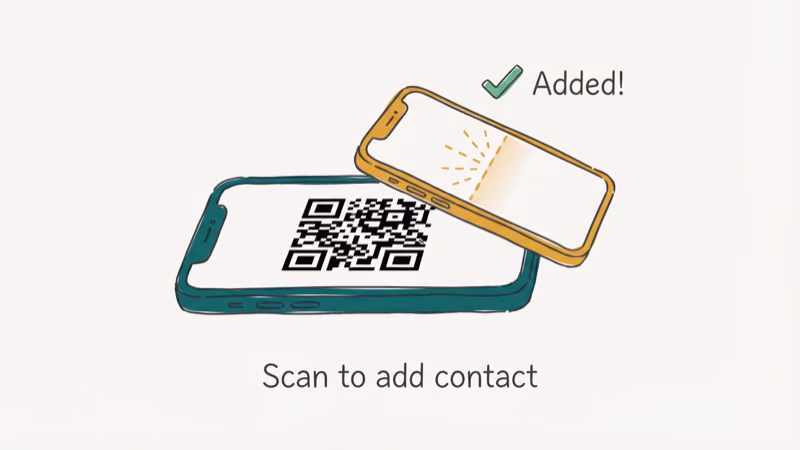 Phone screen showing QR code being scanned by another phone to add WhatsApp contact