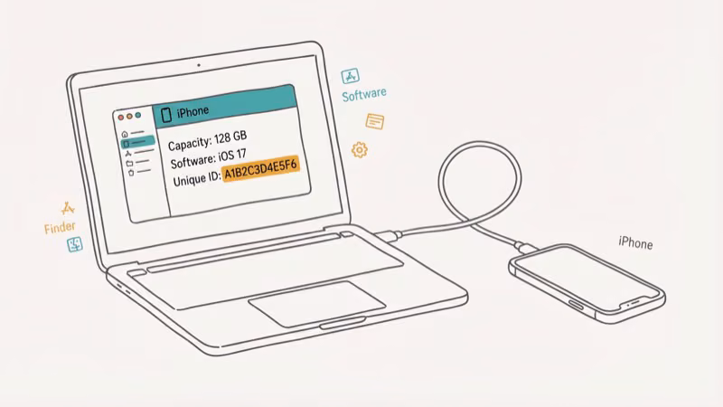 iPhone connected to MacBook via cable with Finder showing device identifier information
