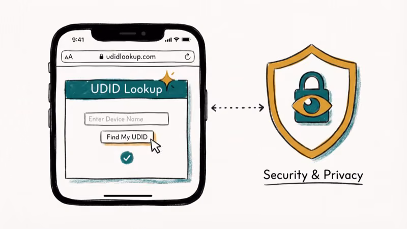 iPhone Safari browser with UDID lookup website and security shield privacy icon
