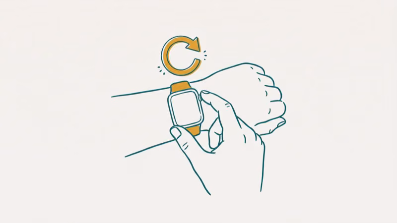 Hand pressing both side buttons on Apple Watch to force restart with refresh arrow