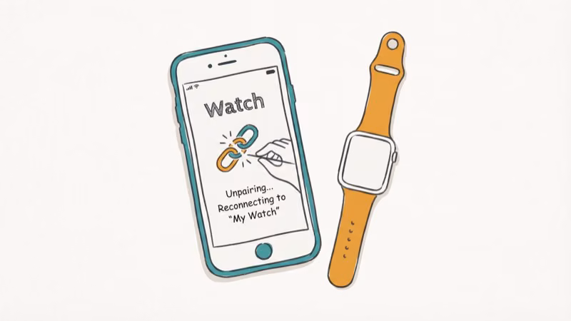 Apple Watch next to iPhone showing Watch app unpairing screen with chain link icon